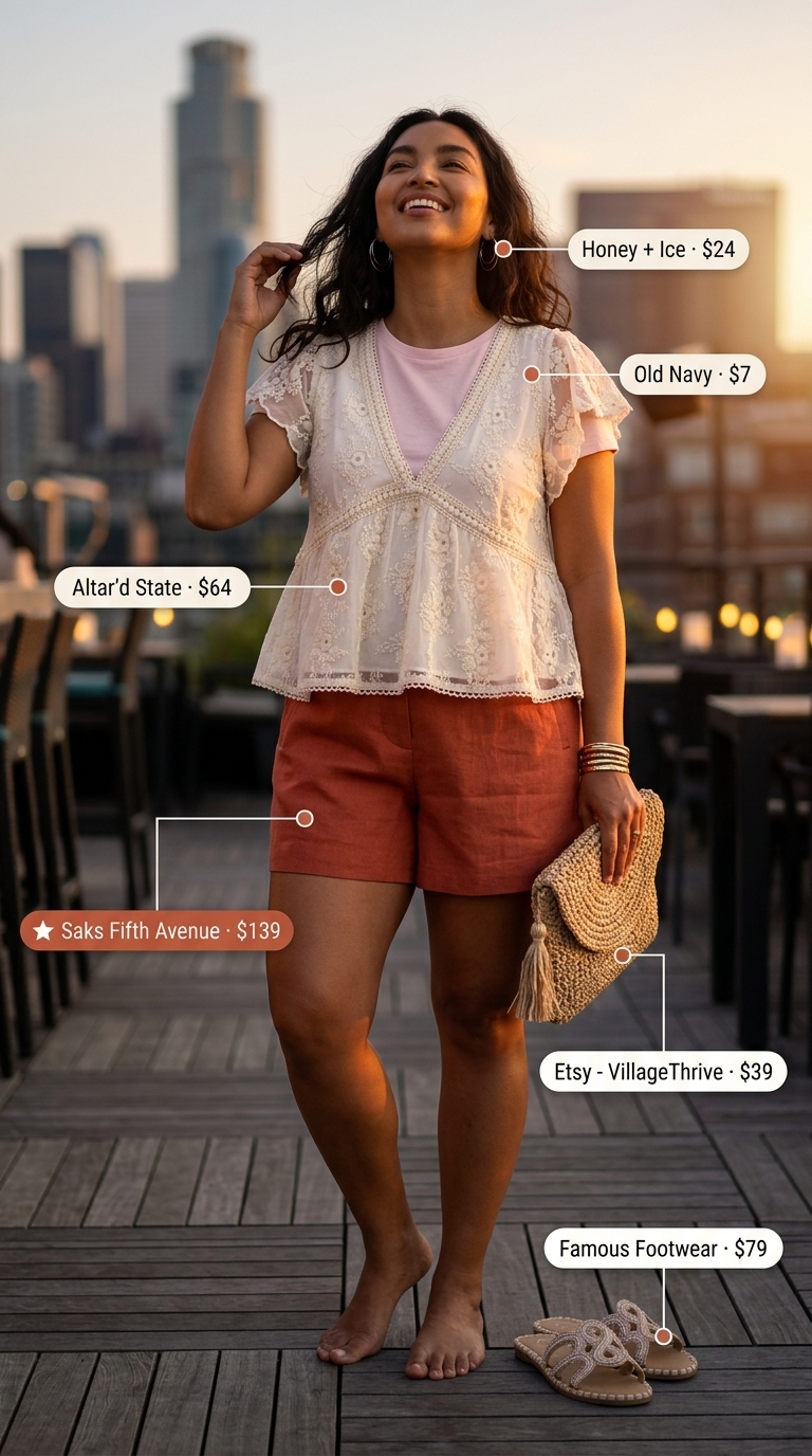 Playful summer date night outfit 2026: Terracotta linen shorts, cream embroidered blouse, straw bag, embellished flats.