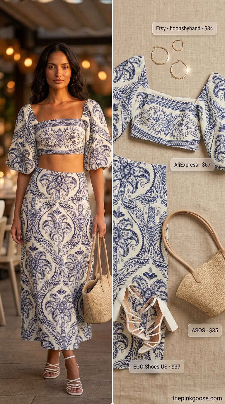 Elegant summer date night outfits for women 2026: Pink, orange, green abstract floral matching set with white sandals and straw bag.