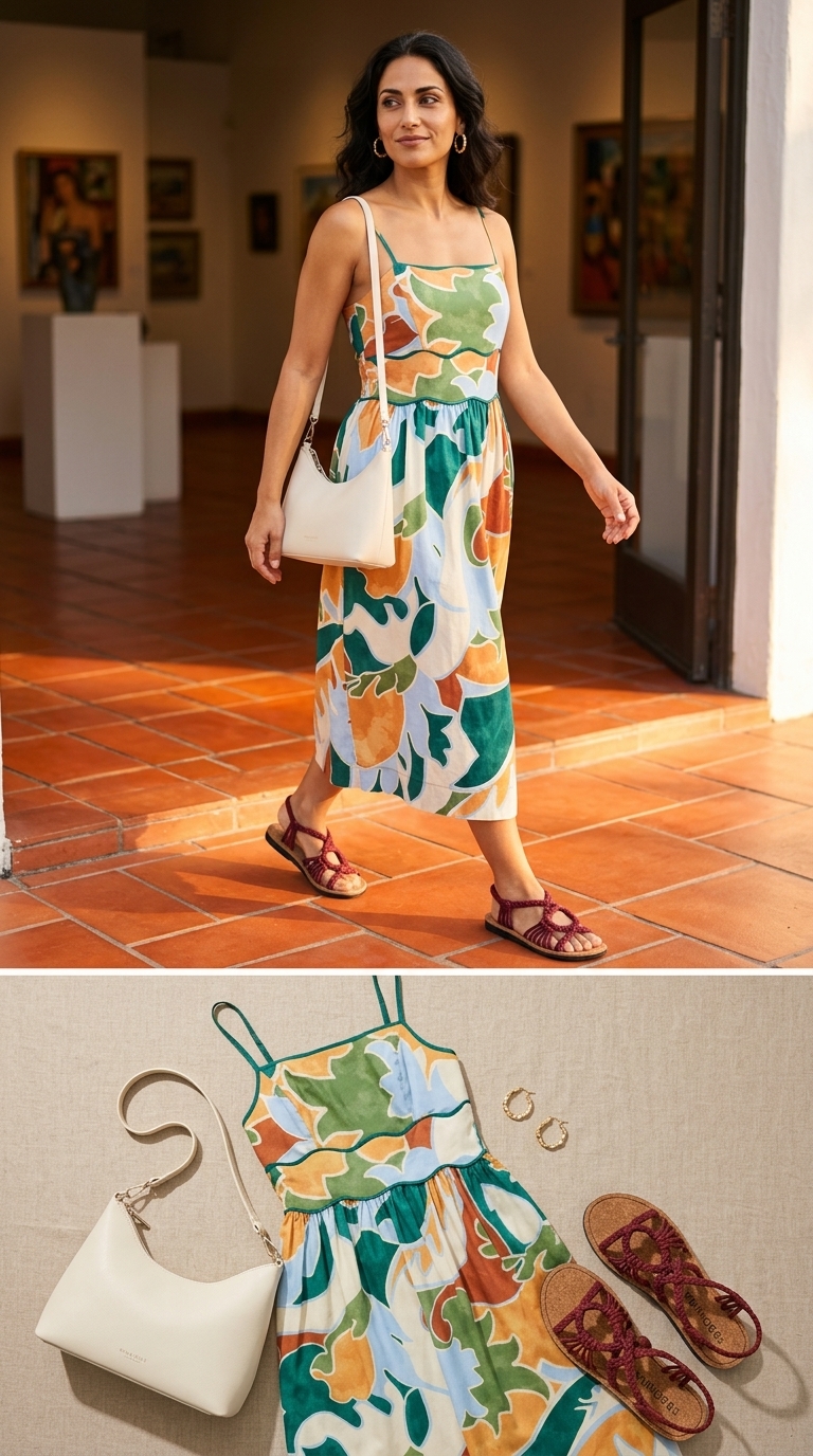 Abstract print midi dress with cream crossbody and gold hoop earrings. Everyday dresses summer for women 2026.