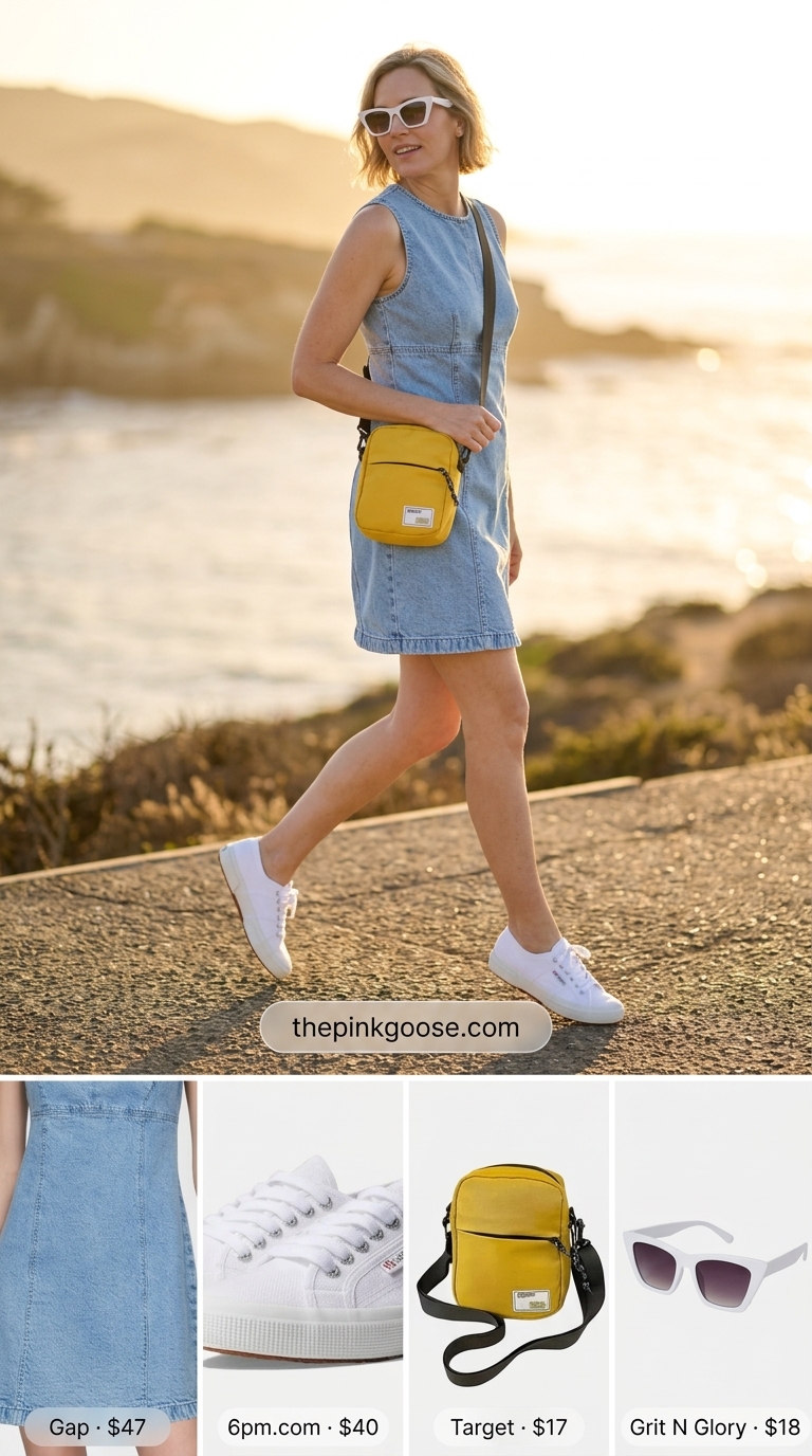 Denim Summer Dress Outfit 2026 Light wash denim mini dress with yellow crossbody bag and white cat-eye sunglasses. Everyday dresses summer for women 2026.