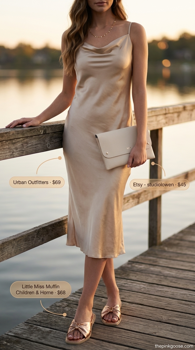 Chic Evening Summer Dress 2026 Champagne satin slip midi dress with ivory clutch and bronze sandals. Everyday dresses summer for women 2026.