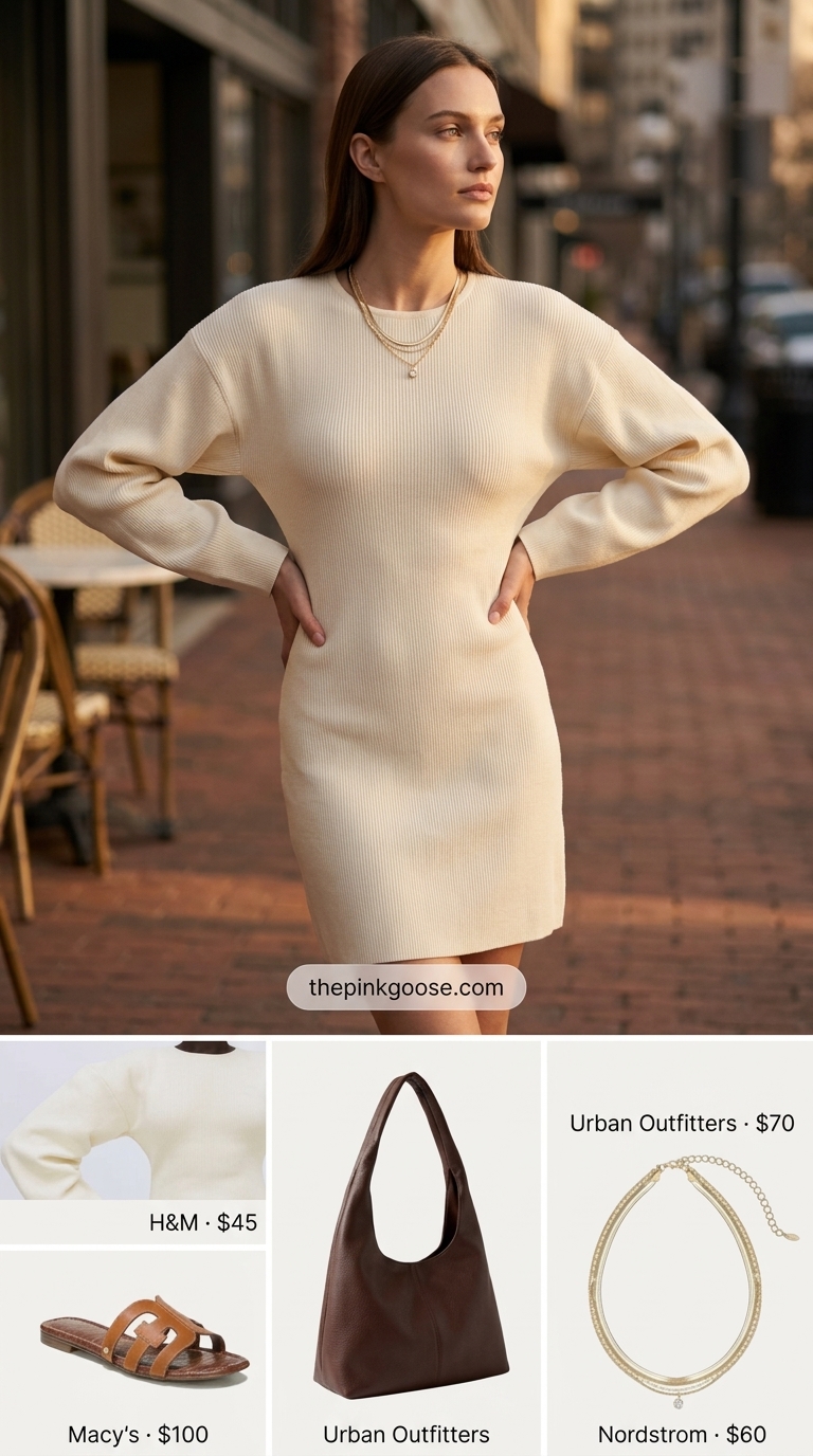 Sleek Summer Dress Outfit 2026 Cream knit midi dress with mocha faux leather hobo bag and gold jewelry. Everyday dresses summer for women 2026.