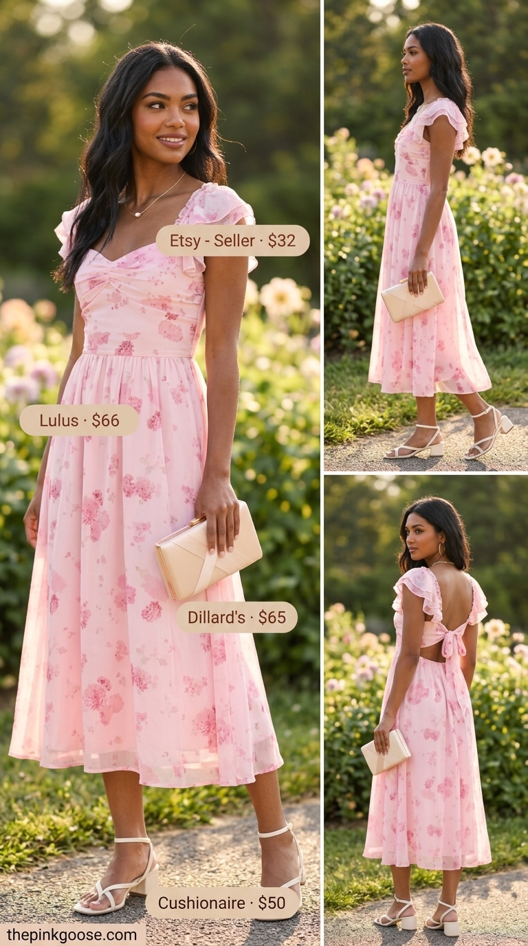 Summer Dresses 2026: Floral Garden Party Dress Blush pink floral wrap midi dress for garden parties. Style with low block heels, satin clutch, and pearl necklace.