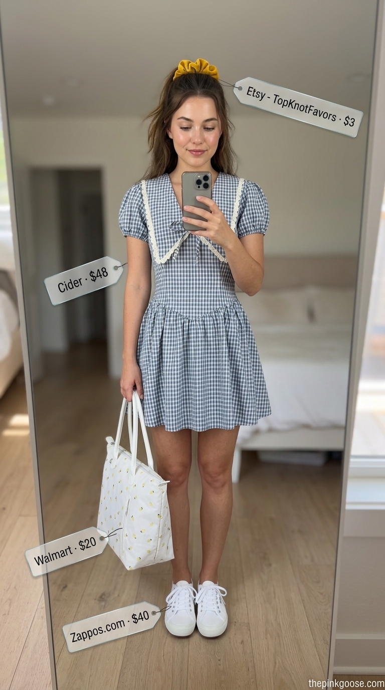 Summer Dresses 2026: Gingham Picnic Dress Blue & white gingham puff-sleeve mini dress for picnics. Style with white sneakers, yellow scrunchie, and canvas tote.