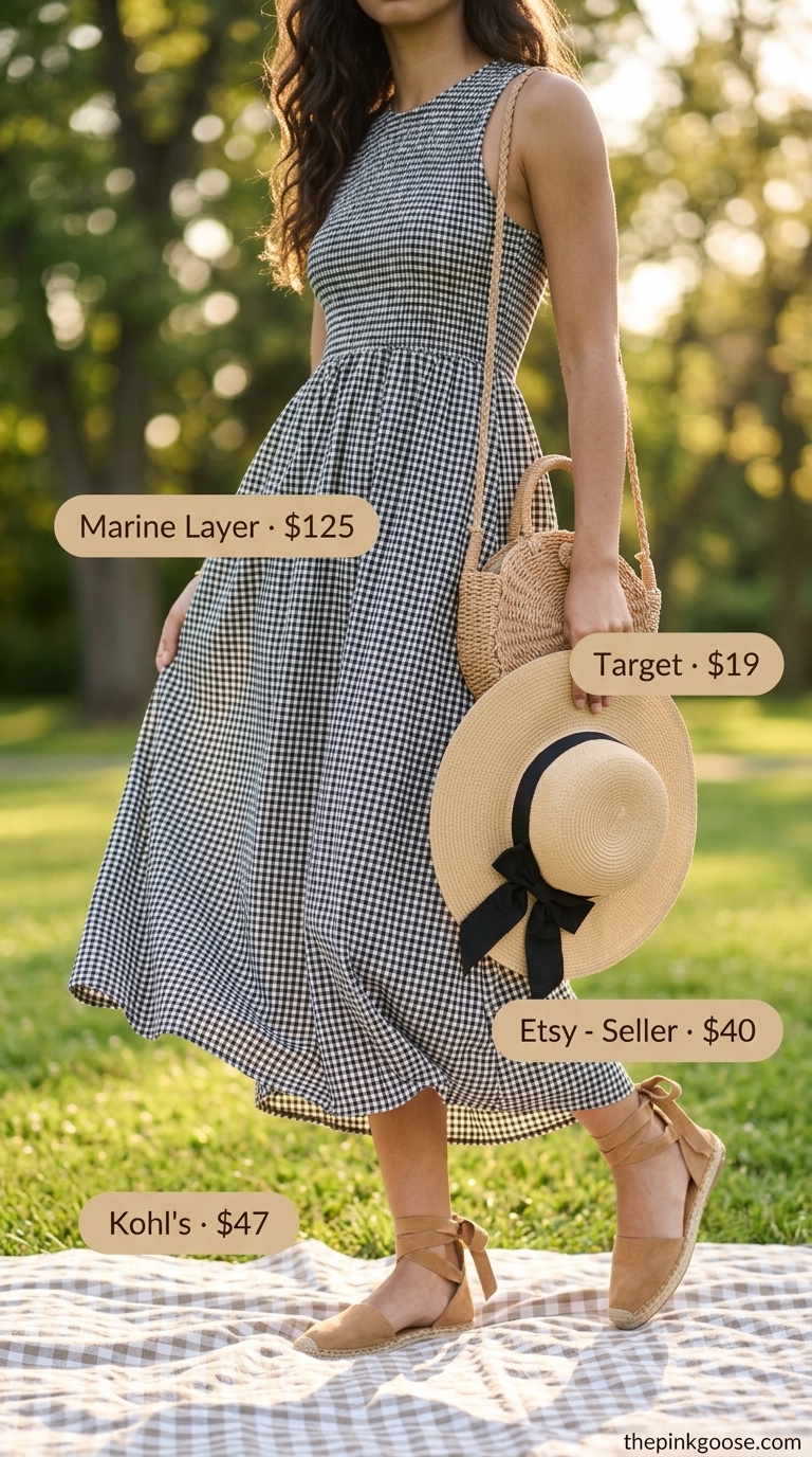 Summer Dresses 2026: Gingham Sundress Picnic Black & white gingham smocked midi sundress for picnics. Style with straw hat, espadrilles, and straw crossbody bag.