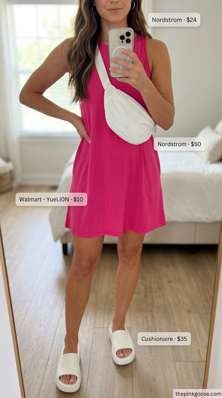 Every Day Dresses Summer for Women 2026: Park Day Fun Hot pink cotton jersey tank dress with white platform slides & belt bag for park days. Every day dresses summer for women 2026.