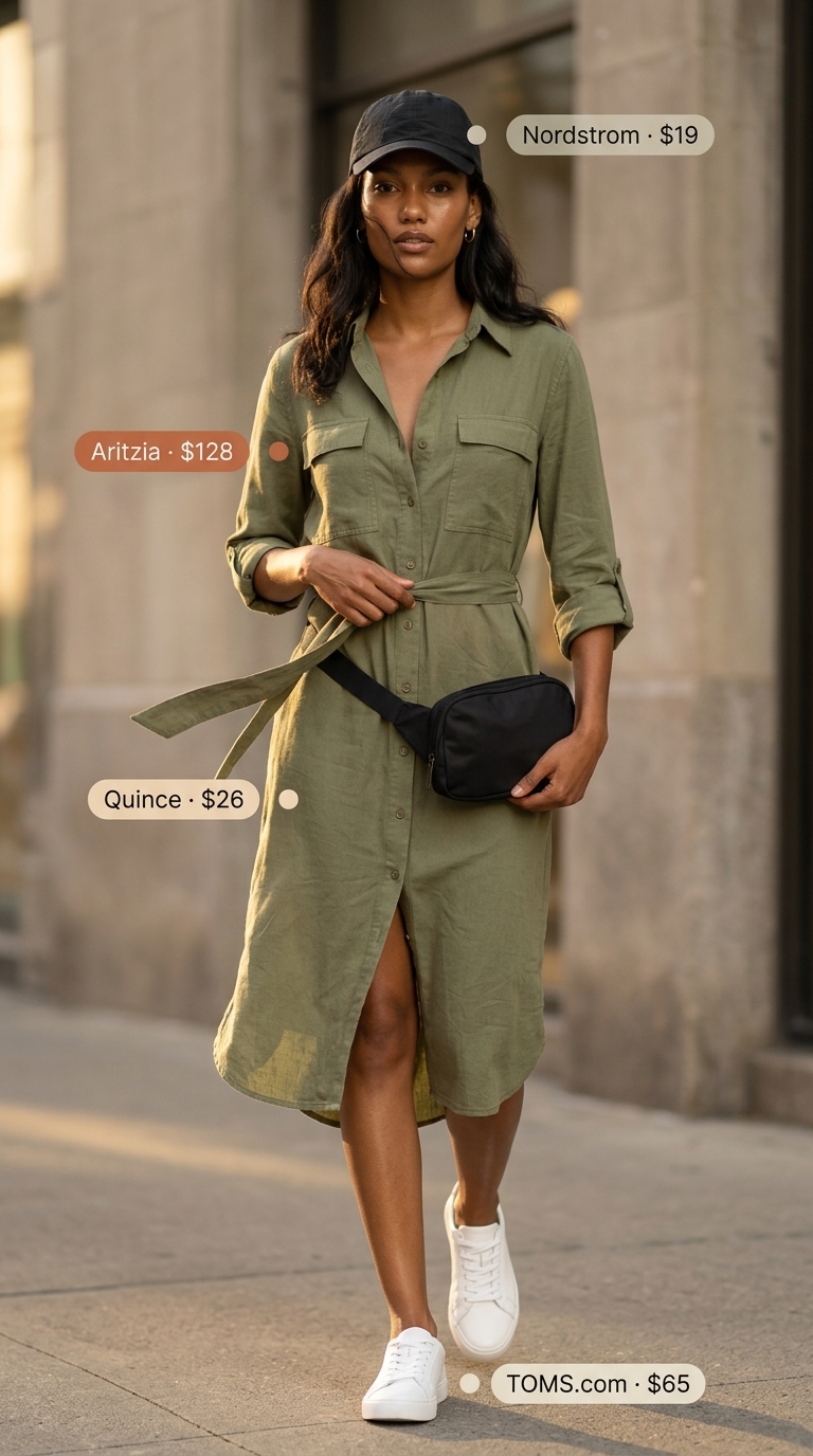 Every Day Dresses Summer for Women 2026: Casual Explorer Khaki utility midi dress with white sneakers & black belt bag for summer errands. Every day dresses summer for women 2026.