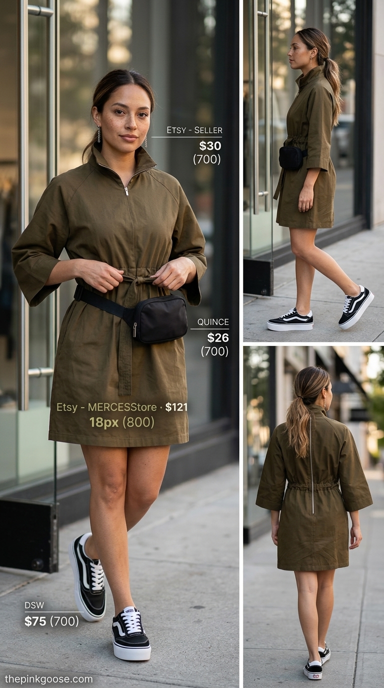 Summer Dresses 2026: Khaki Utility Mini Khaki utility mini dress for urban adventures. Style with platform sneakers, belt bag, and chain earrings.