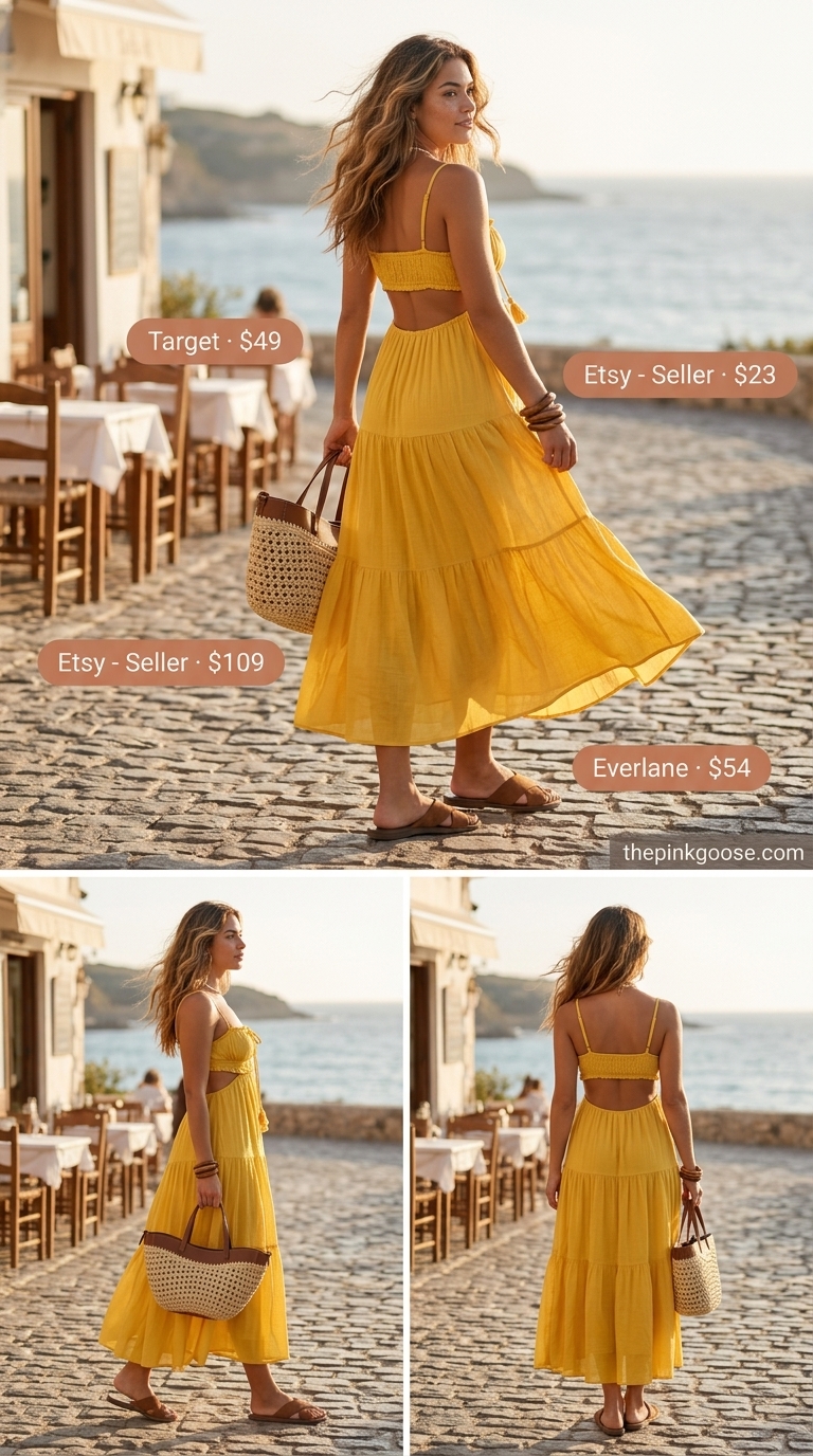 Every Day Dresses Summer for Women 2026: Coastal Vibes Marigold yellow tiered maxi dress with rust sandals & straw tote for coastal brunch. Every day dresses summer for women 2026.
