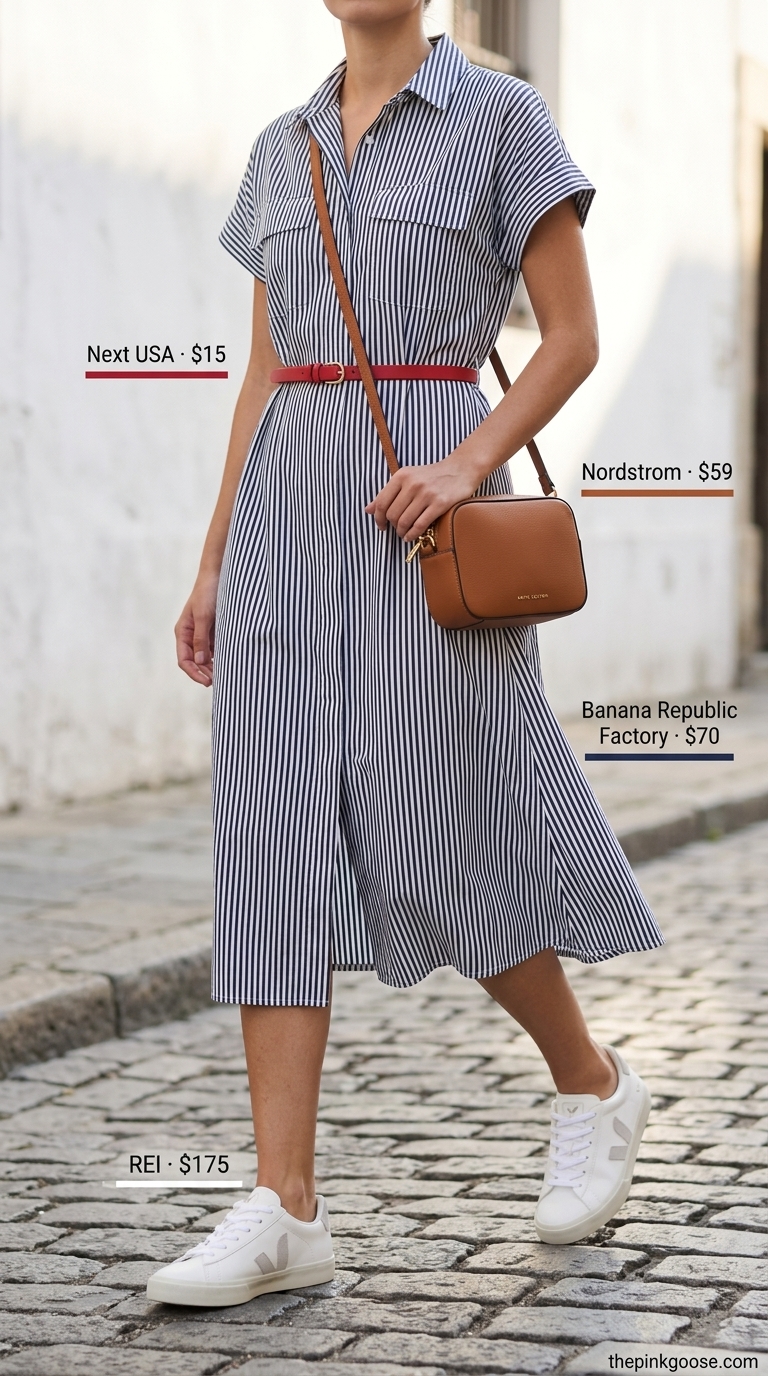 Chic Summer Shirt Dress 2026 Navy and white striped shirt dress with cognac bag and white sneakers. Everyday dresses summer for women 2026.