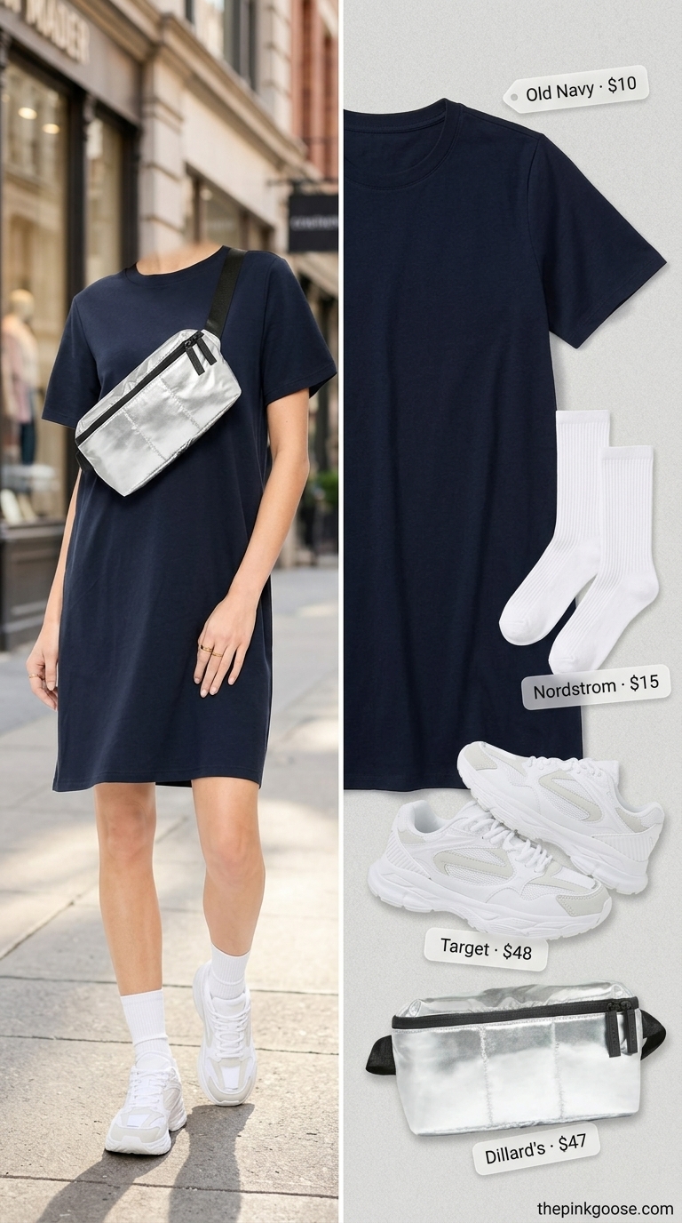 Summer Dresses 2026: Navy Sporty T-Shirt Dress Navy cotton jersey t-shirt dress for sporty errands. Style with chunky sneakers, belt bag, and silver studs.