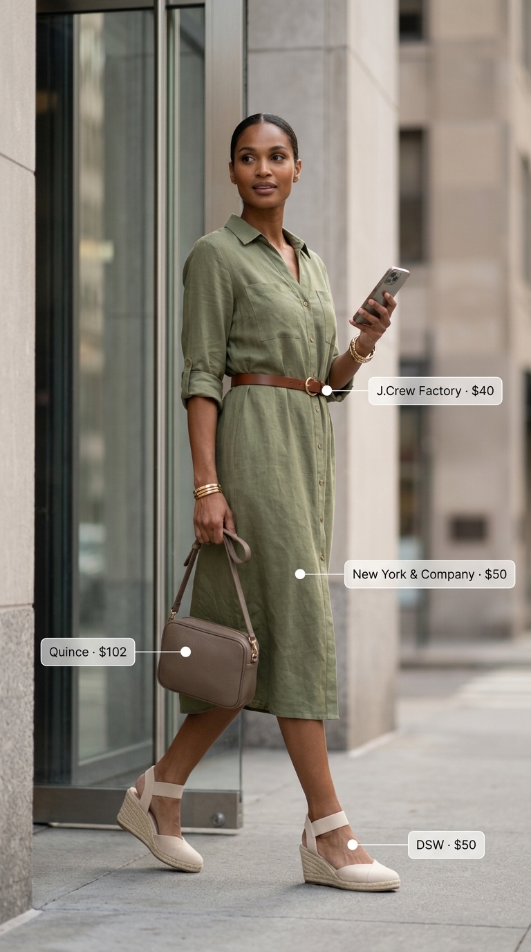 Every Day Dresses Summer for Women 2026: Polished City Look Olive green linen midi shirt dress with brown crossbody & espadrilles for office casual. Every day dresses summer for women 2026.