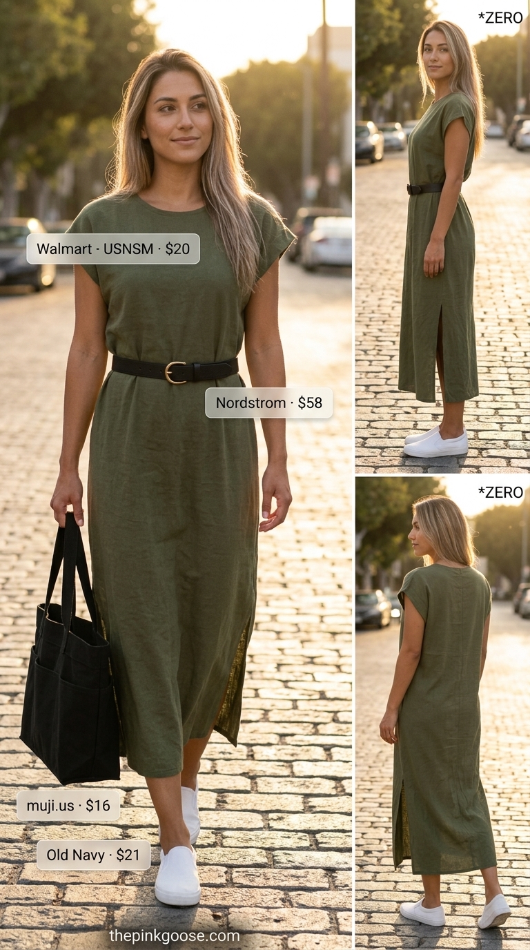 Every Day Dresses Summer for Women 2026: Travel Comfort Olive green cotton jersey t-shirt maxi dress with side slits & canvas tote for travel. Every day dresses summer for women 2026.