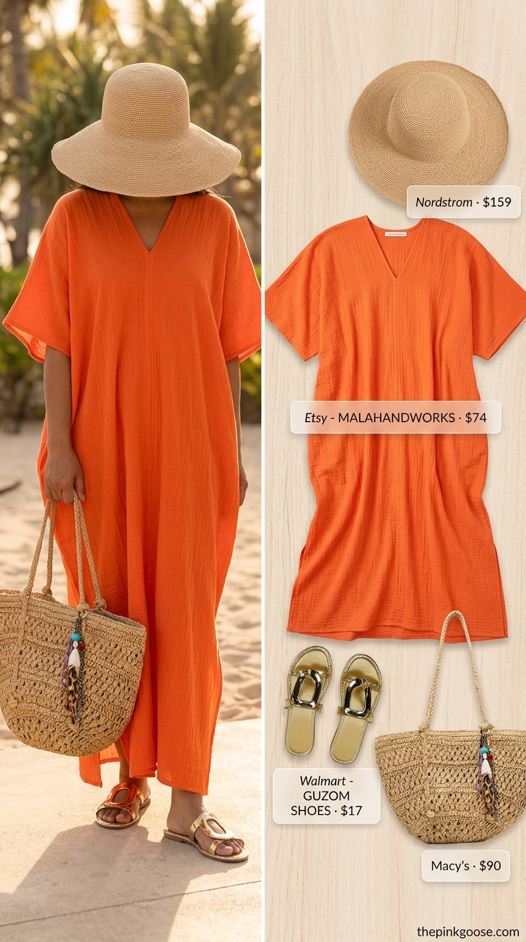 Summer Dresses 2026: Beach Vacation Maxi Bright orange crinkle cotton caftan maxi dress for summer vacation. Style with straw hat, tote, and gold slides.