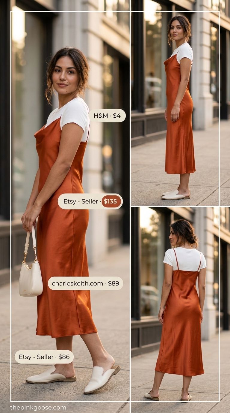 Every Day Dresses Summer for Women 2026: Chic Gallery Style Terracotta satin slip midi dress with cream t-shirt & mules for a chic gallery visit. Every day dresses summer for women 2026.