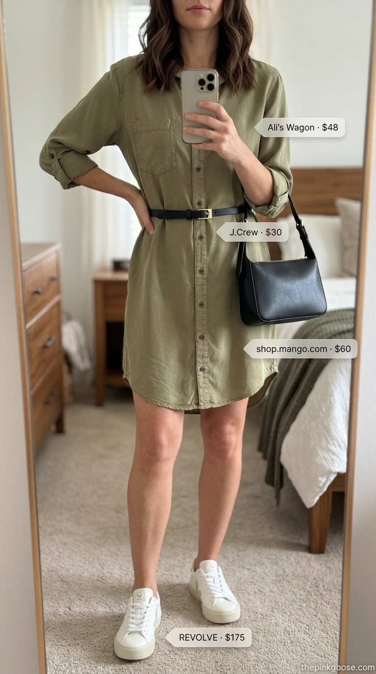 Urban Summer Utility Dress 2026 Olive green utility shirt dress with white sneakers and black crossbody. Everyday dresses summer for women 2026.
