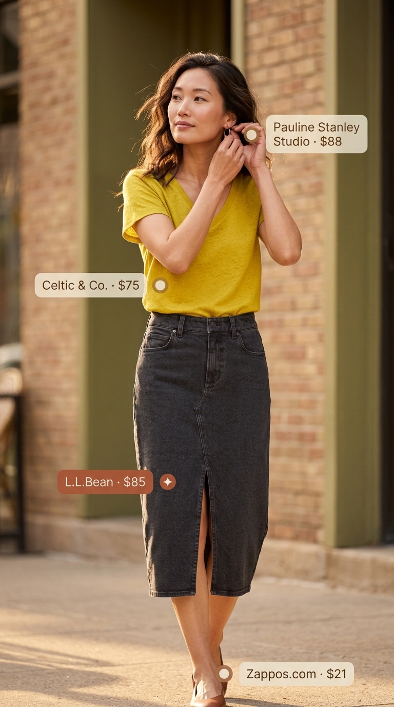 Artsy gallery outfit: Black denim midi skirt, ecru sneakers, graphic tote. Every day summer basics outfits for women 2026.