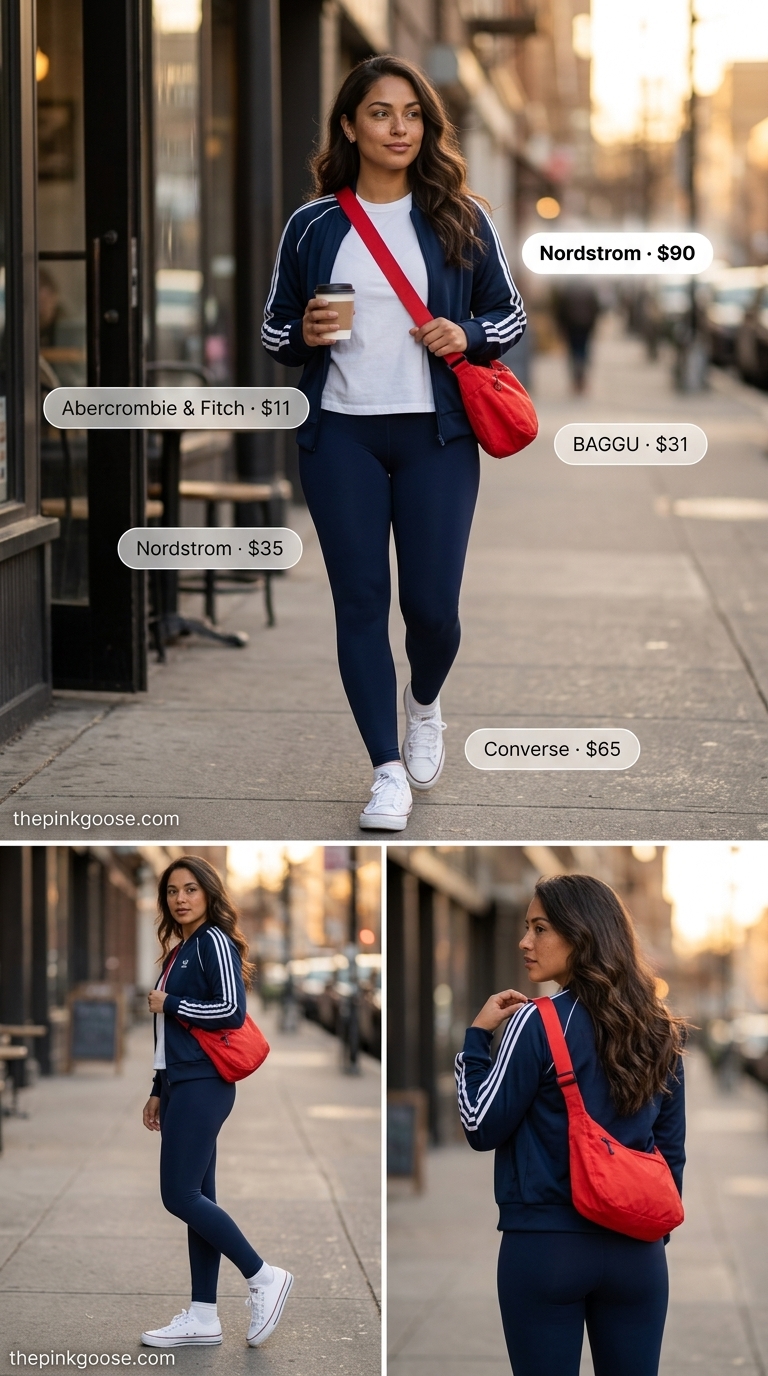 Athleisure summer outfit: Navy leggings, white tee, red zip-up jacket. Every day summer basics outfits for women 2026.