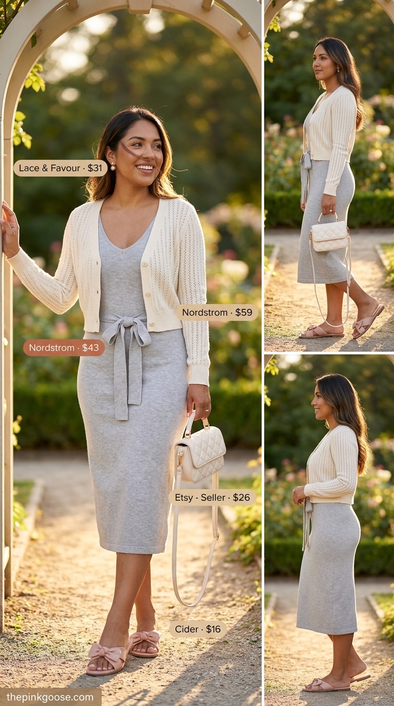 Every day summer basics outfits for women 2026: Blush pink sandals, grey midi dress, and ivory cardigan for a brunch date.
