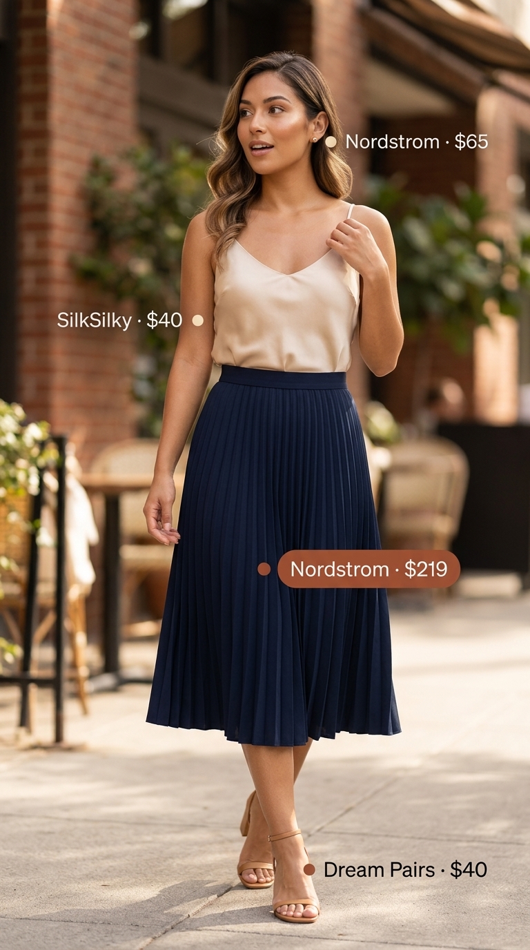 Sophisticated every day summer basics outfits for women 2026: cream camisole, navy midi skirt, tan sandals, cognac bag.