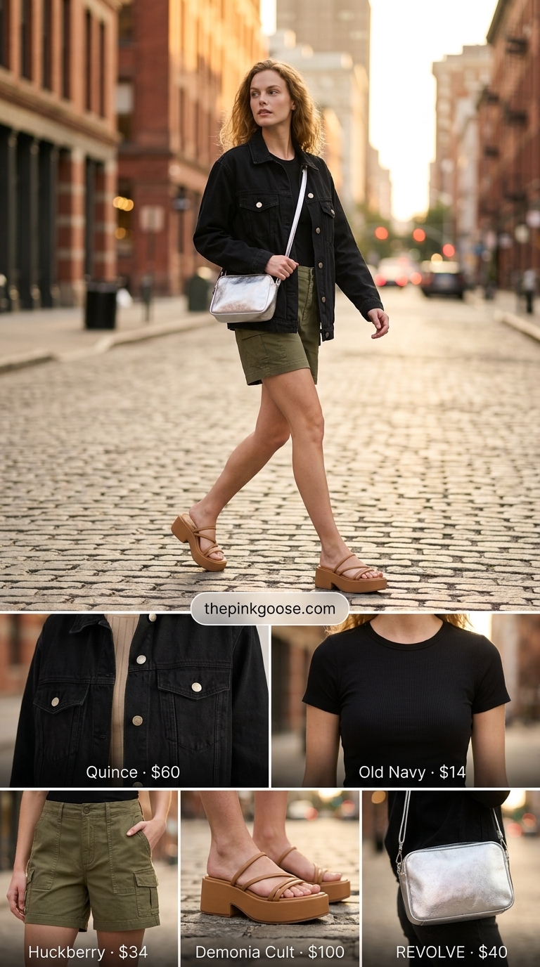 Every day summer basics outfits for women 2026: Olive green utility shorts, black tee, and denim jacket for city exploration.