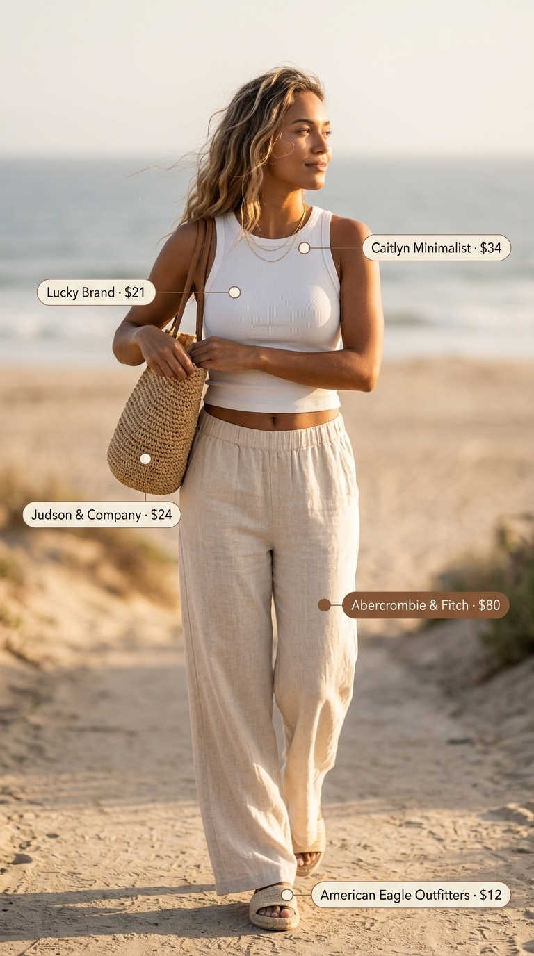 Coastal linen outfit: Beige wide-leg pants, white tank, straw tote. Every day summer basics outfits for women 2026.