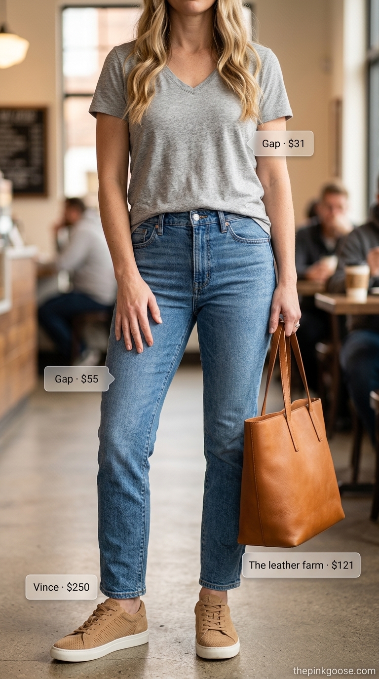 Cozy every day summer basics outfits for women 2026: grey tee, denim jeans, tan tote, suede sneakers.