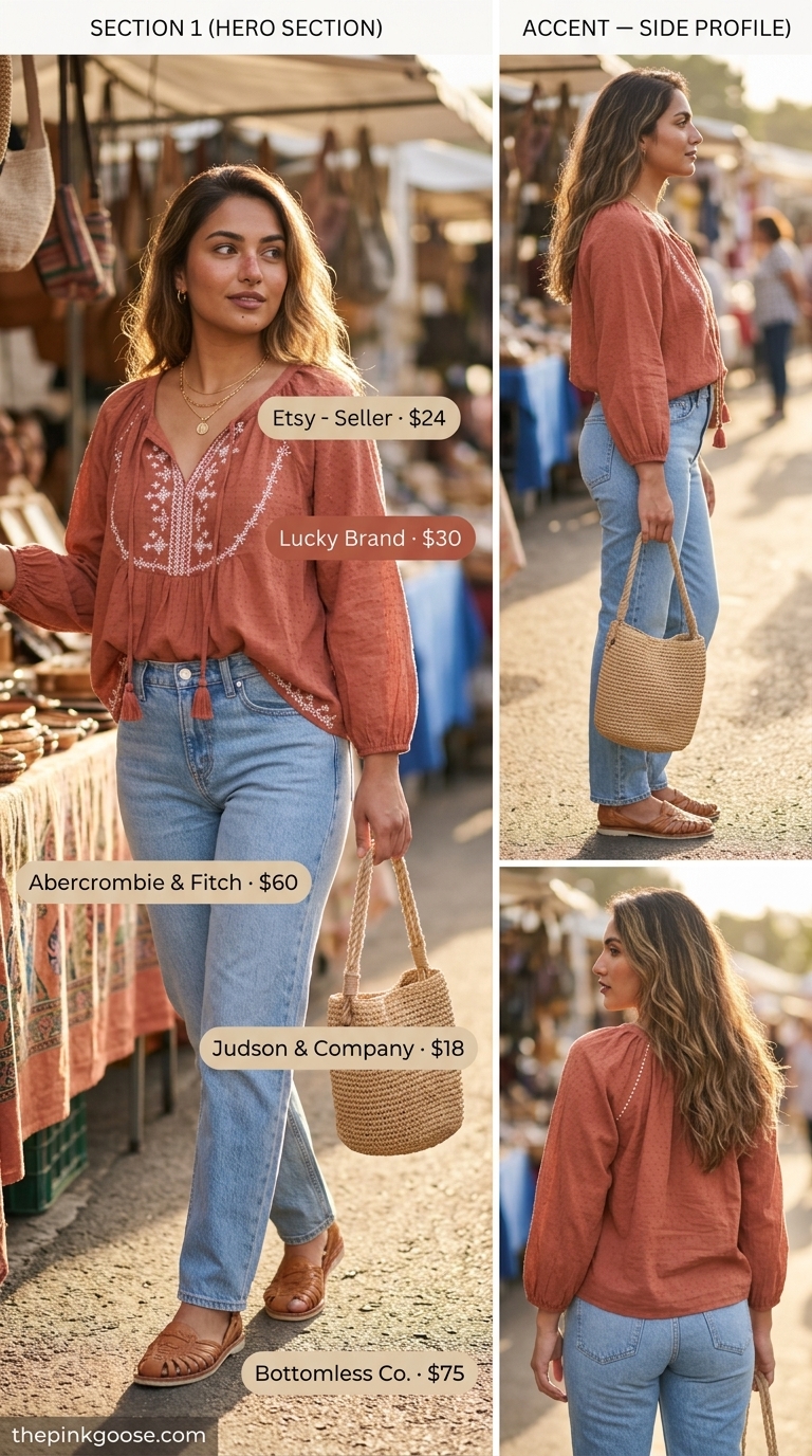 Boho every day summer basics outfits for women 2026: denim jeans, peasant blouse, braided sandals, straw bag.