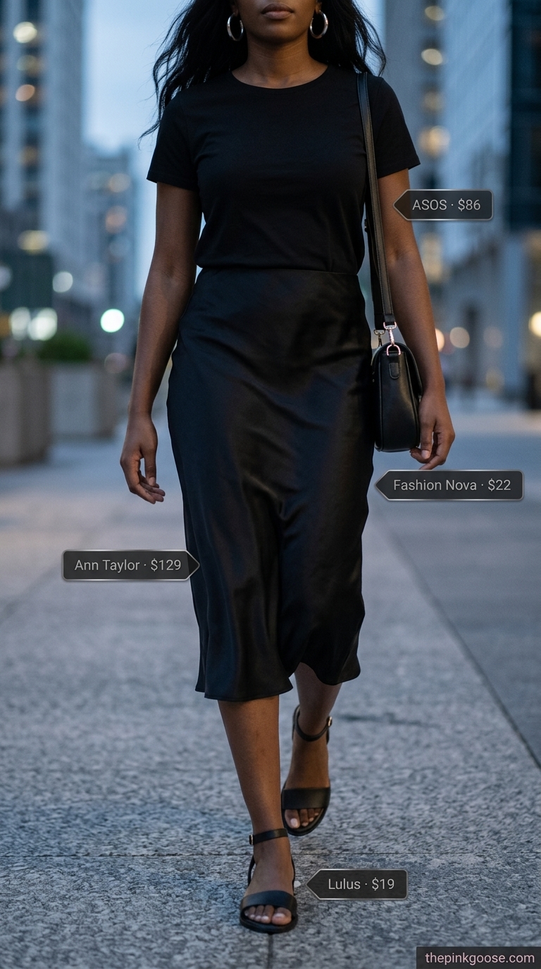 Edgy summer night outfit: Black slip skirt, graphic tee, strappy sandals. Every day summer basics outfits for women 2026.