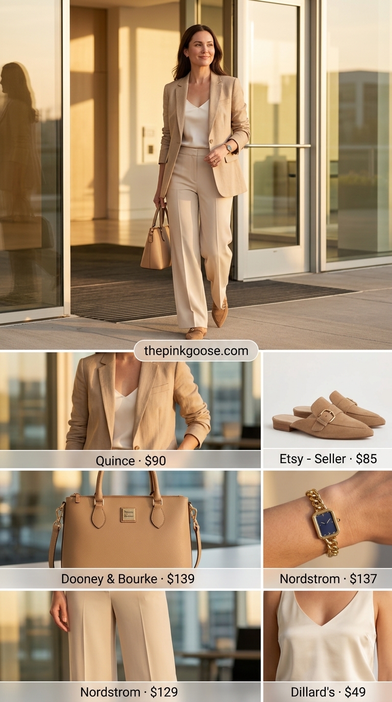 Every day summer basics outfits for women 2026: Beige wide-leg trousers, black camisole, and blazer for business casual.