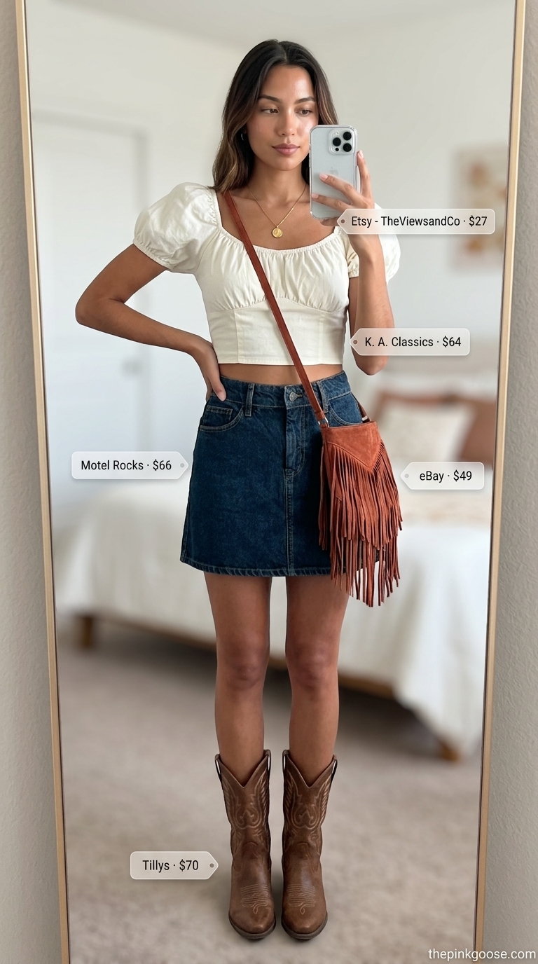 Festival every day summer basics outfits for women 2026: denim mini skirt, ivory blouse, cowboy boots, fringe bag.