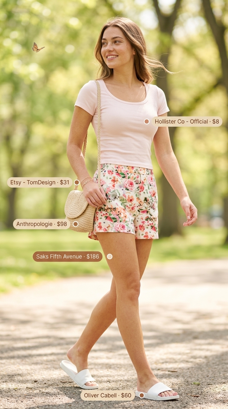 Playful every day summer basics outfits for women 2026: floral shorts, pink tee, white slides, straw bag.