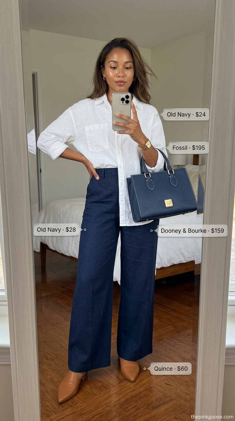 Office-ready summer outfit: Navy wide-leg trousers, crisp white button-down, tan flats. Every day summer basics outfits for women 2026.