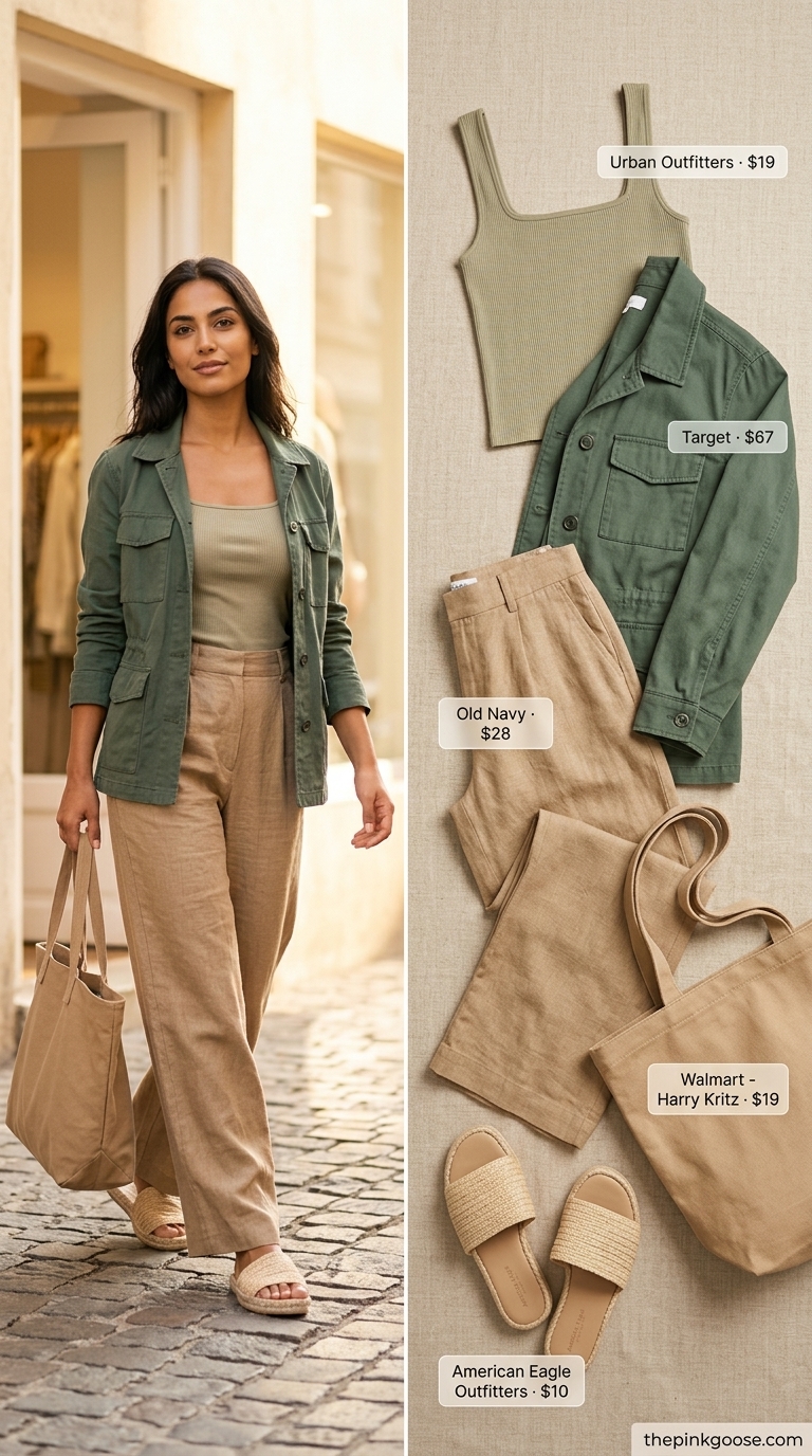 Every day summer basics outfits for women 2026: Khaki green wide-leg pants, black tank, and utility jacket for resort wear.