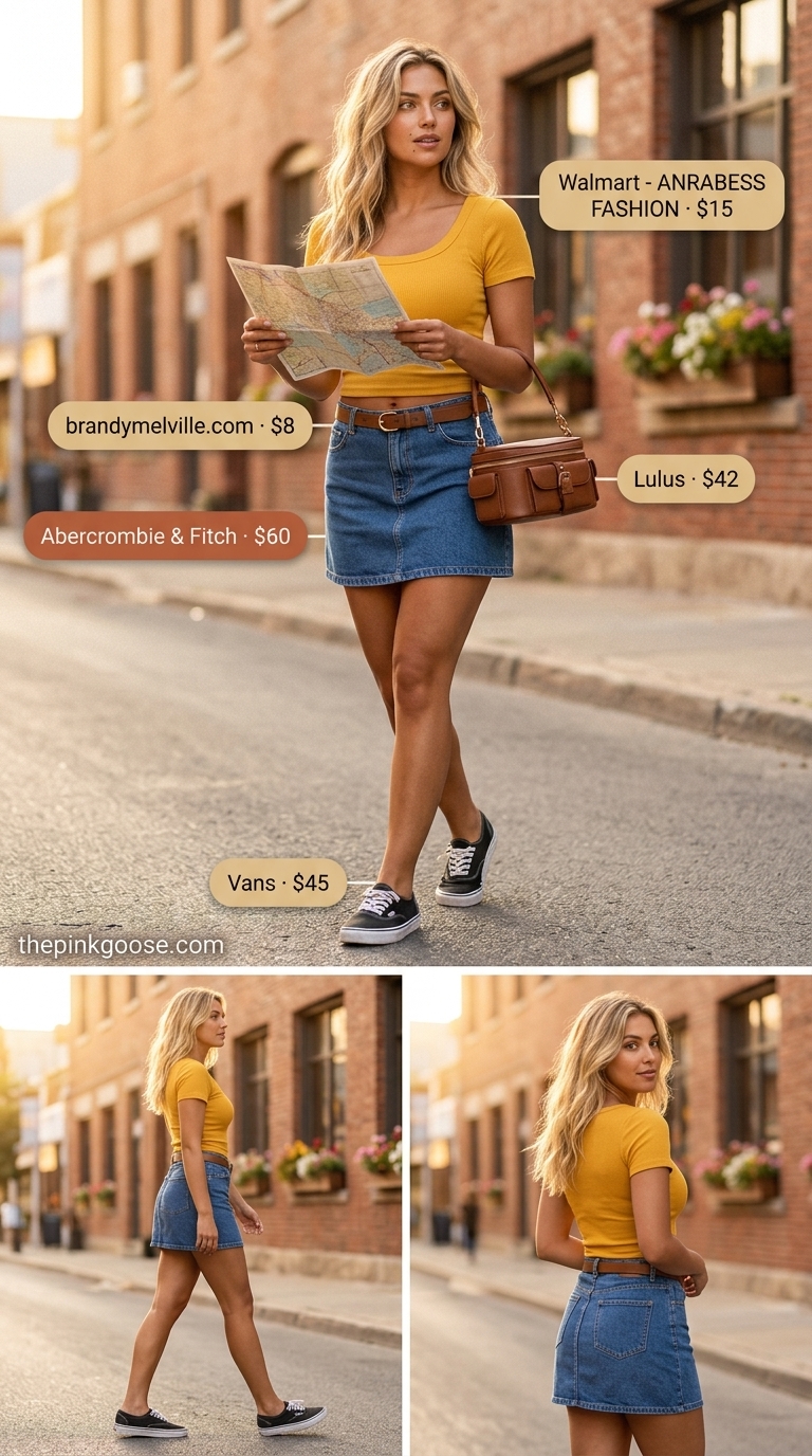 Retro summer outfit: Mustard yellow top, black A-line skirt, brown crossbody. Every day summer basics outfits for women 2026.