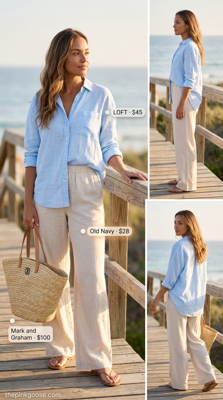 Every day summer basics outfits for women 2026: Sky blue wide-leg pants, white linen shirt, and raffia tote for beach vacation.