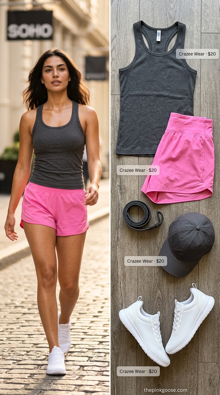 Every day summer basics outfits for women 2026: Bright pink athletic shorts, grey tank, and hoodie for a sporty day.