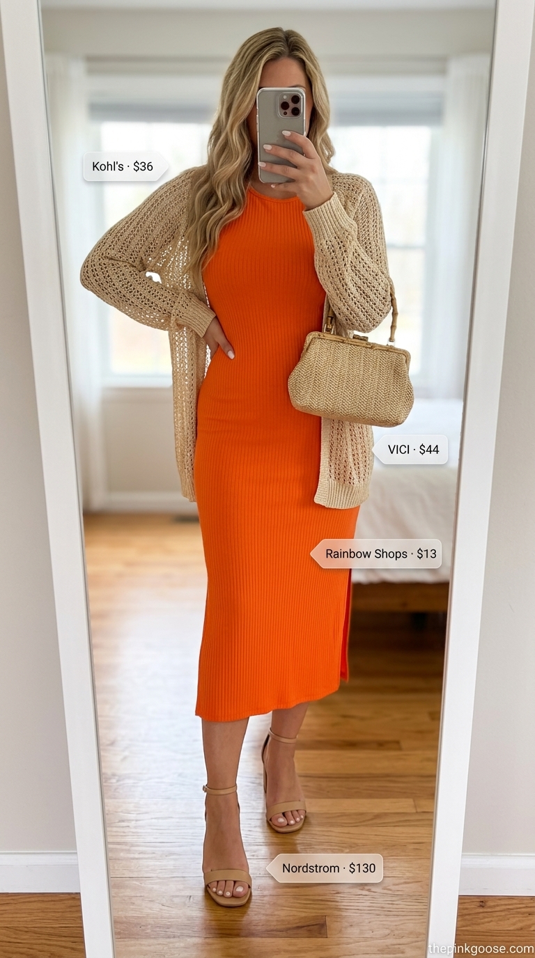 Every day summer basics outfits for women 2026: Terracotta midi dress, cream cardigan, and straw clutch for evening drinks.