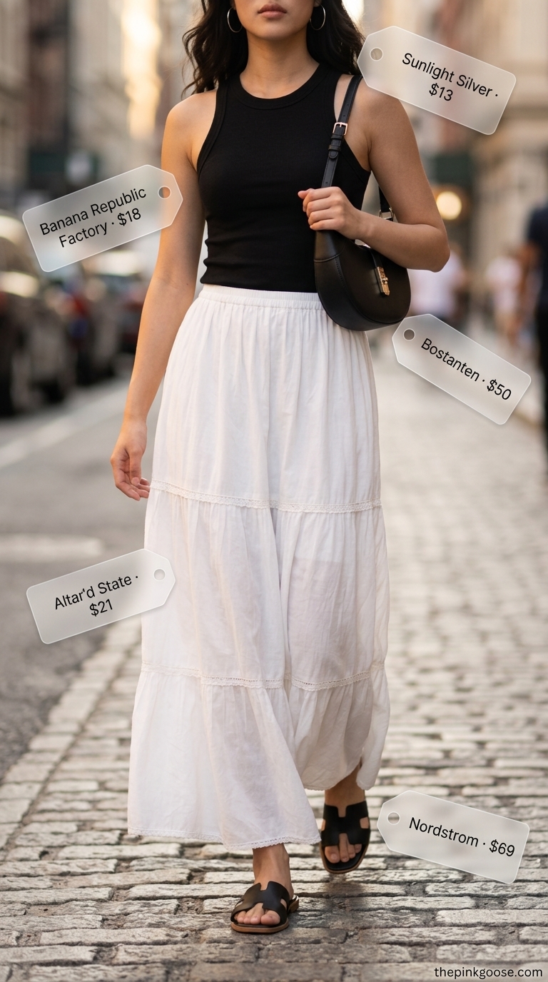 Urban every day summer basics outfits for women 2026: cream maxi skirt, black tank, black flats, crescent bag.