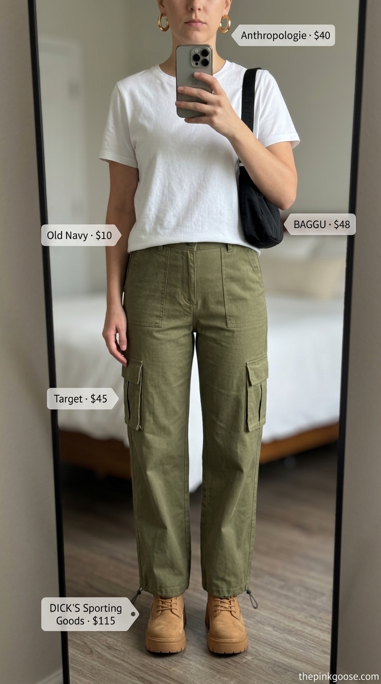 Every day summer basics outfits for women 2026: Olive green cargo pants, white tee, and chunky sneakers for city errands.
