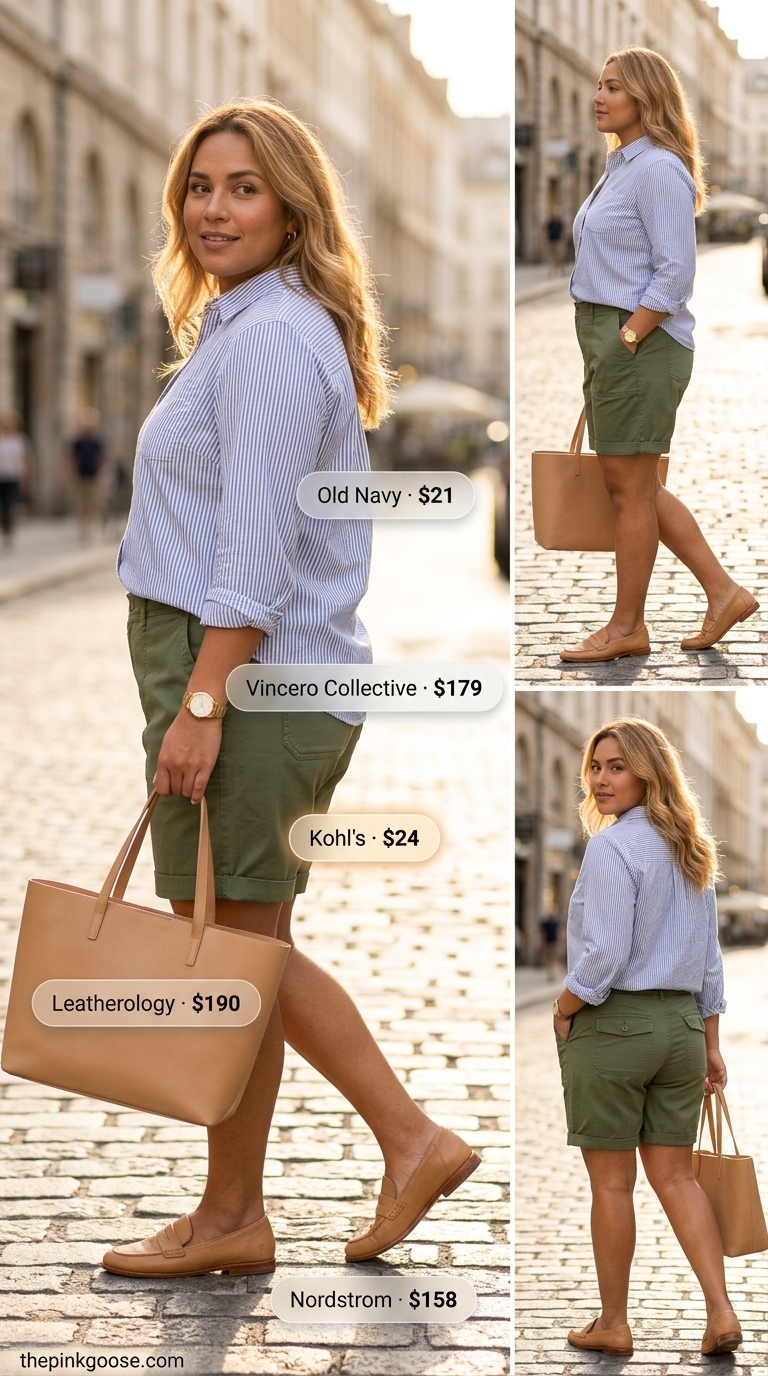 Flattering plus size summer outfits for women 2026: Olive Bermuda shorts, white shirt for city chic.