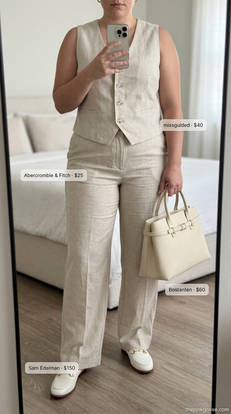 Flattering plus size summer outfits for women 2026: Cream linen set with beige pants, white loafers & gold necklace.