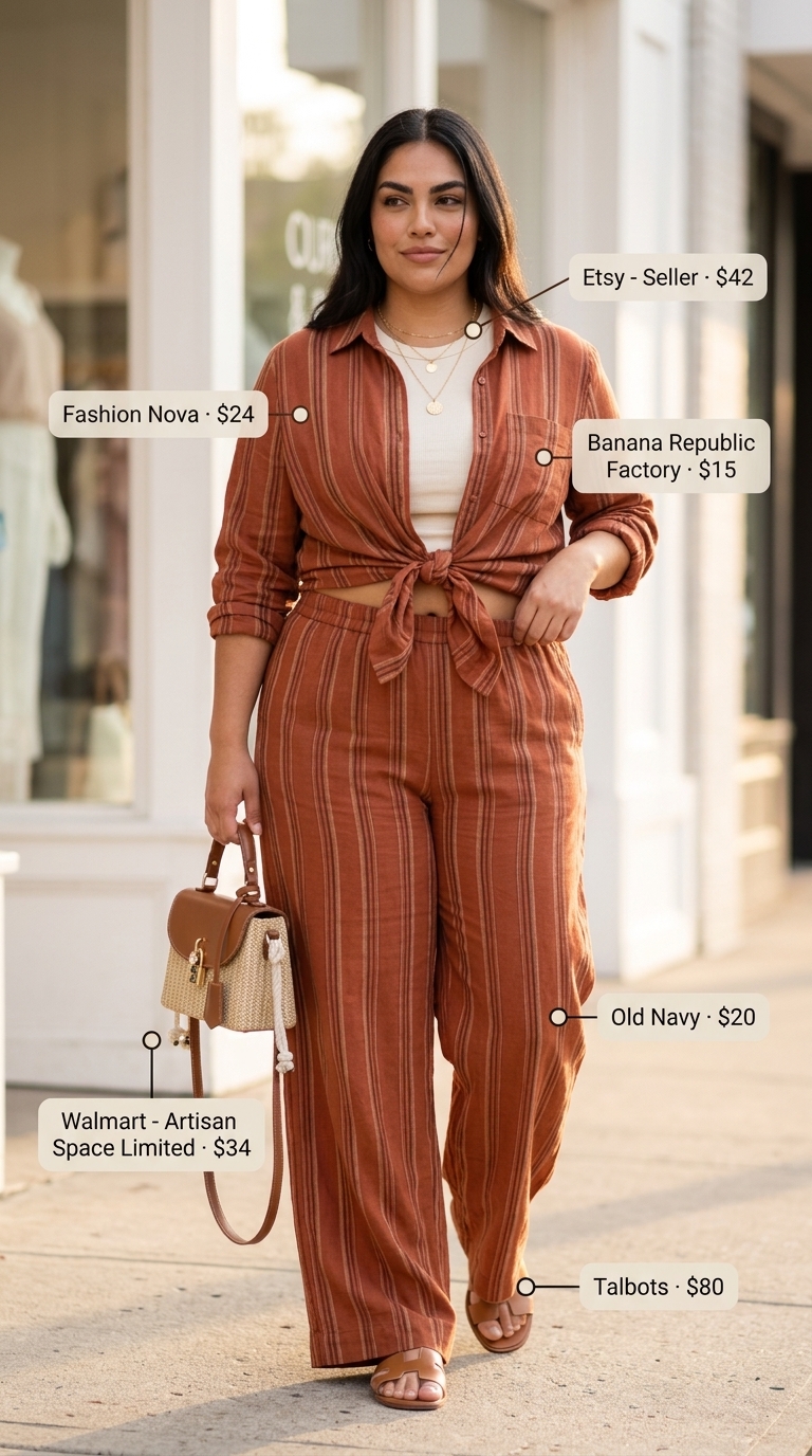Flattering plus size summer outfits for women 2026: Terracotta linen set with cream tank, tan slides & gold jewelry for a casual day.