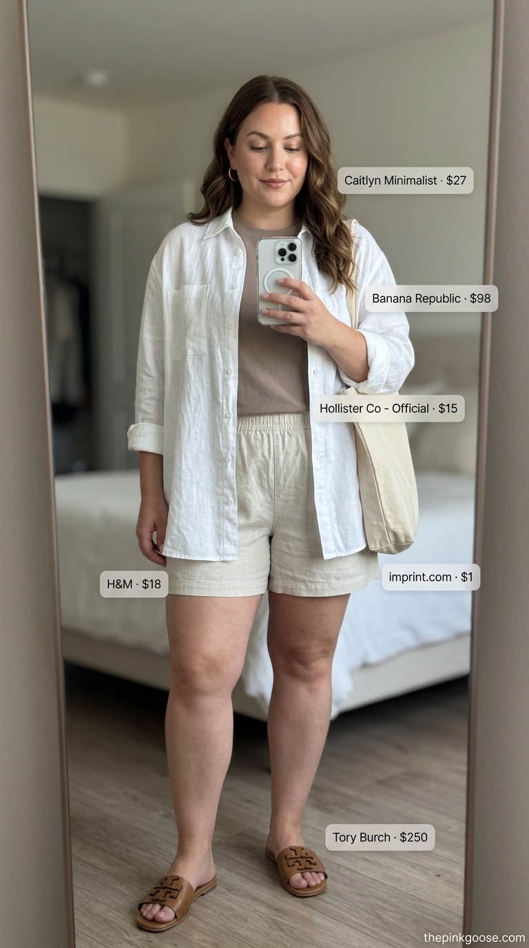Flattering plus size summer outfits for women 2026: Beige linen shorts with white oversized shirt, tan slides & canvas tote.