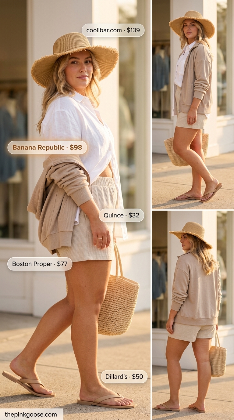 Flattering plus size summer outfits for women 2026: Linen shorts, oversized shirt for casual chic.