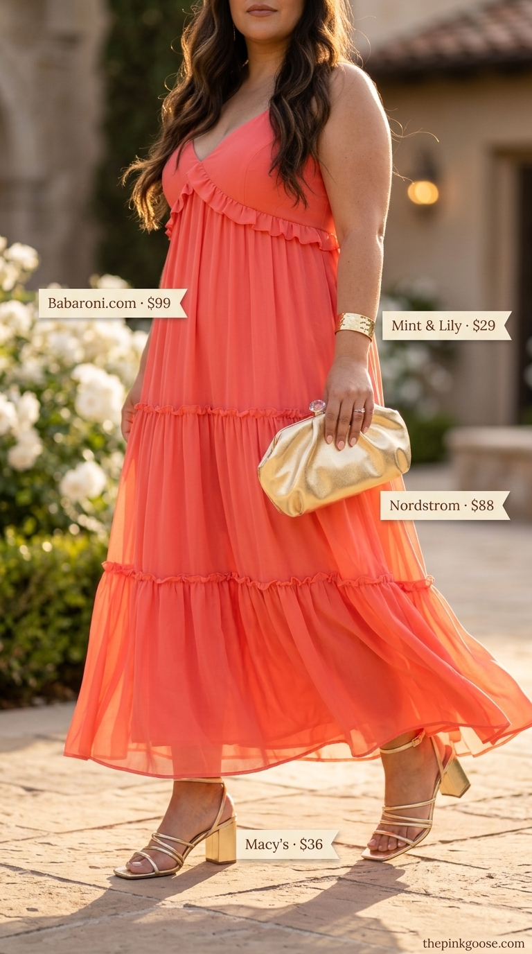 Flattering plus size summer outfits for women 2026: Coral maxi dress with gold sandals, cuff bracelet & clutch.