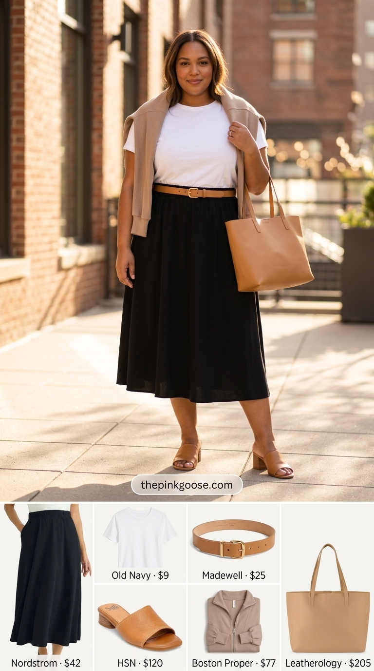 Flattering plus size summer outfits for women 2026: Black midi skirt, white tee, tan sandals & belt for chic casual.