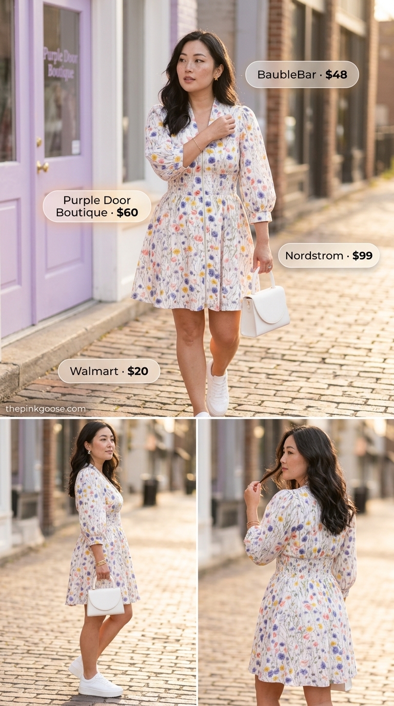 Flattering plus size summer outfits for women 2026: Pastel floral mini dress for vacation.