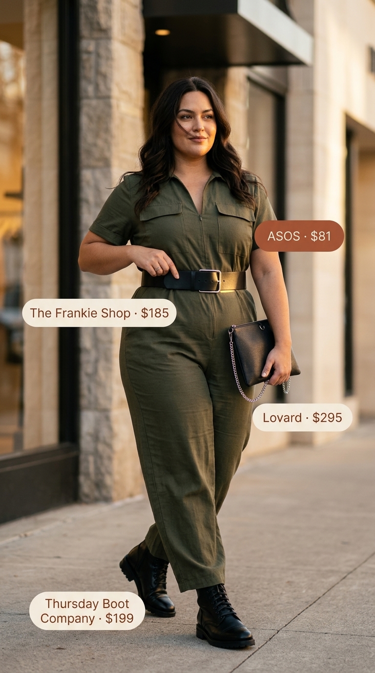 Flattering plus size summer outfits for women 2026: Olive utility jumpsuit with black boots, belt & crossbody bag.