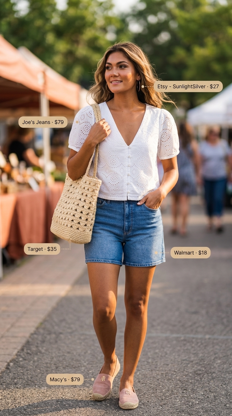 Flattering plus size summer outfit 2026: White eyelet blouse, denim shorts, blush sneakers & straw tote.